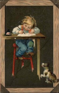Clapsaddle Valentine Little Boy Writing at Desk Dog Chalkboard Border c1910 PC