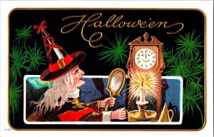 Vintage Nash Witch, Hat, Candle, Grandfather Clock Antique Halloween Postcard