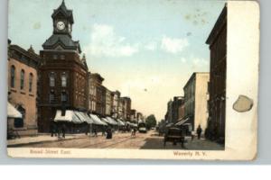 WAVERLY NY Broad Street Scene Trolley c1905 Postcard