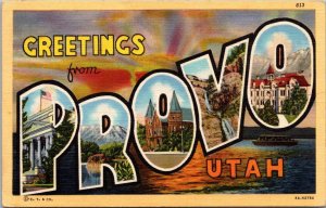 Greetings From Provo Utah Large Letter Linen 1943 Curteich