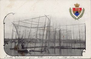 St. John NB Fish Weirs Fishing Patriotic c1905 Mal Bay Que Cancel Postcard G93