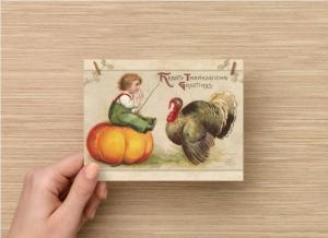 Handmade Postcard Set of 6 Thanksgiving Greeting Child on Pumpkin w/ Turkey