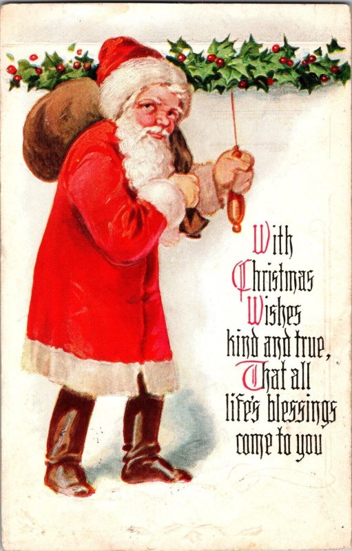 Santa Claus with Pack, With Christmas Wishes Kind and True c1916 Postcard L70