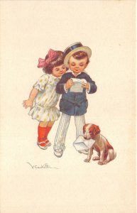Lot226 v castelli artist signed postcard boy reading letter to a girl dog italy