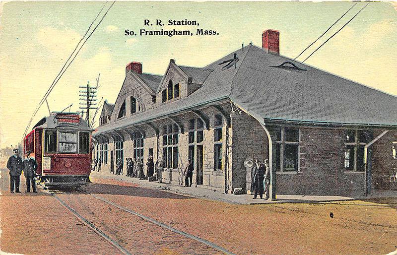 South Framingham MA Trolley Railroad Station Train Depot Postcard