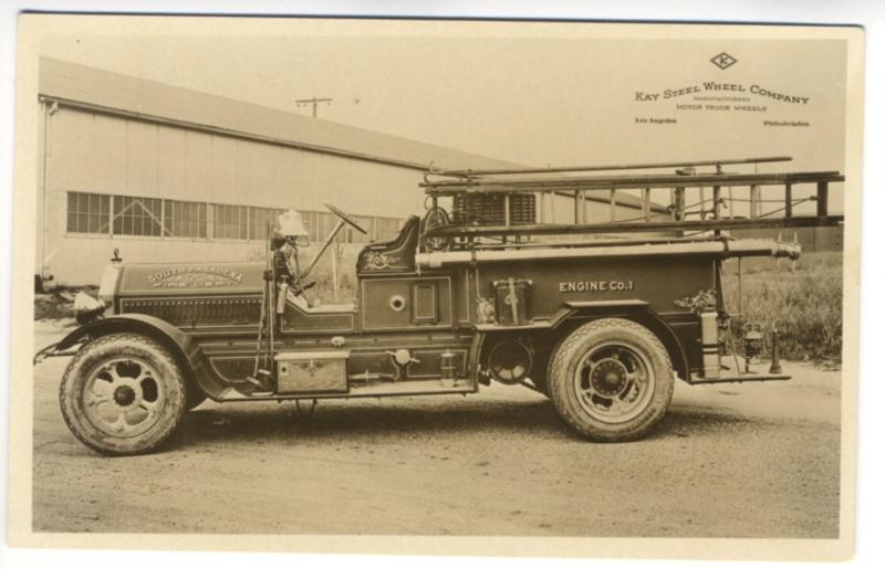 South Passadena CA Fire Truck Engine 1 Kay Steel Wheel RPPC Real Photo Postcard