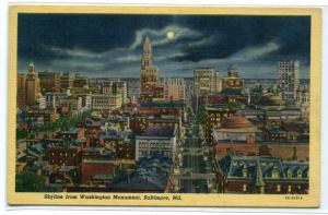 Panorama at Night Baltimore Maryland 1950 linen postcard