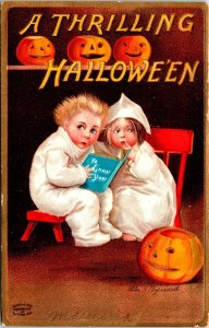 Vintage Ellen Clapsaddle scared Children, Ghost, Pumpkin, JOL Halloween Postcard