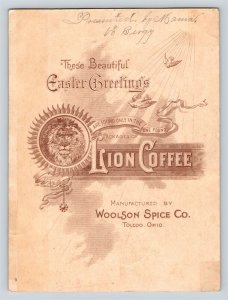 1880's Easter Greetings Lion Coffee Woolson Spice Toledo OH Victorian Trade Card