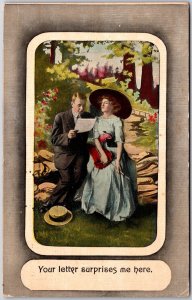 Young Man & Woman Dating Blue Dress Hat Reading Letter Romance Postcard 1912