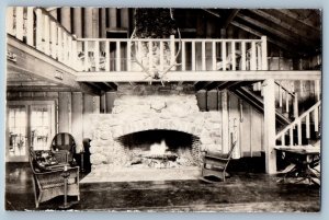 Rangeley Maine Postcard RPPC Photo Yorks Log Village On Loon Lake Rocking Chairs