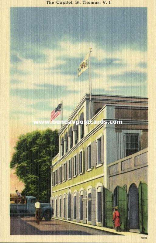 St. Thomas, V.I., The Capitol, Flags of US and Virgin Islands  (1940s)