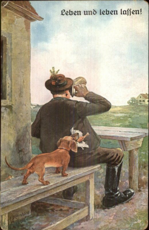 Bernhard - German Man Drinking Beer Dachshund Dog c1910 Postcard