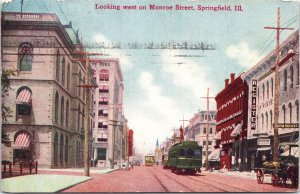 Postcard IL Springfield Monroe Street View Streetcars State Register 1909 V210
