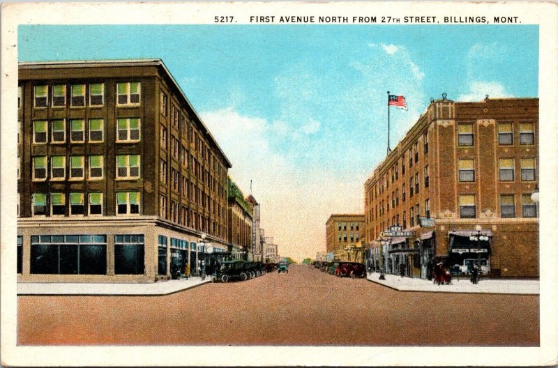 First Avenue North Grand Hotel antique cars Billings Montana Postcard