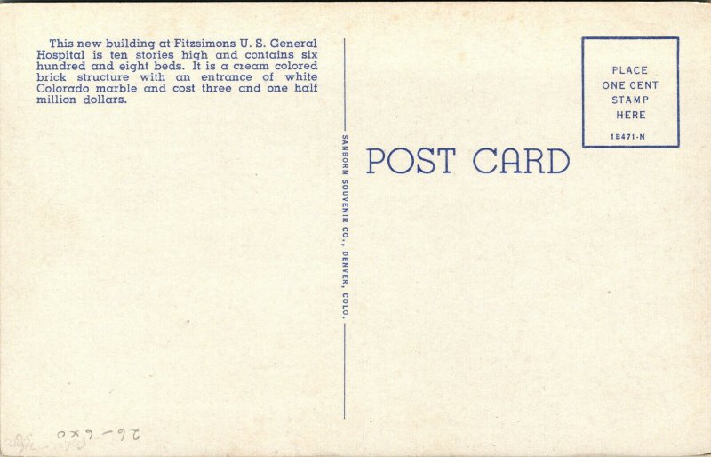 Vtg 1940s Fitzsimons US General Hospital Denver Colorado CO Unused Postcard