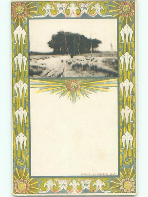 Unused Pre-1907 foreign FLOCK OF SHEEP WITH DECORATIVE BORDER J4254