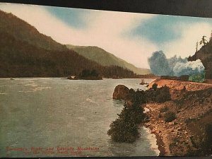 Postcard View of Train passing Columbia River & Cascade Mtns. in Oregon.  T6