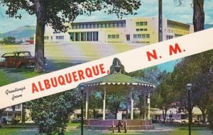 New Mexico Albuquerque Greetings Showing Old Town Plaza and Band Stand 1967