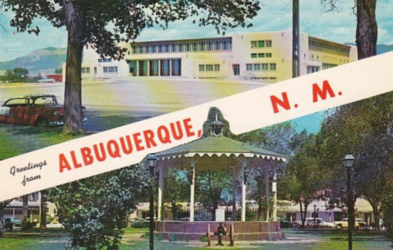 New Mexico Albuquerque Greetings Showing Old Town Plaza and Band Stand 1967