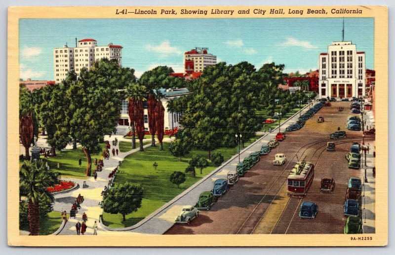 Postcard 1944 Lincoln Park Library & City Hall Building Long Beach California CA 