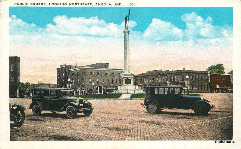 ANGOLA INDIANA Public Square Northeast Automobiles TICHNOR Postcard 14016