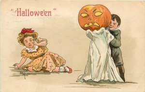 Embossed Halloween Postcard 2214 Boy Scares Girl w/ Jack o Lantern A/S HB Griggs