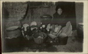 Native Indian Woman Grinding Corn? Cooking? c1910 Real Photo Postcard