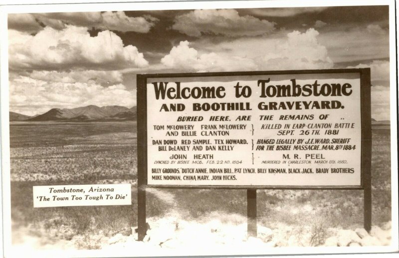 RPPC Sign, Welcome to Tombstone AZ Boothill Graveyard AZ Vintage Postcard A48