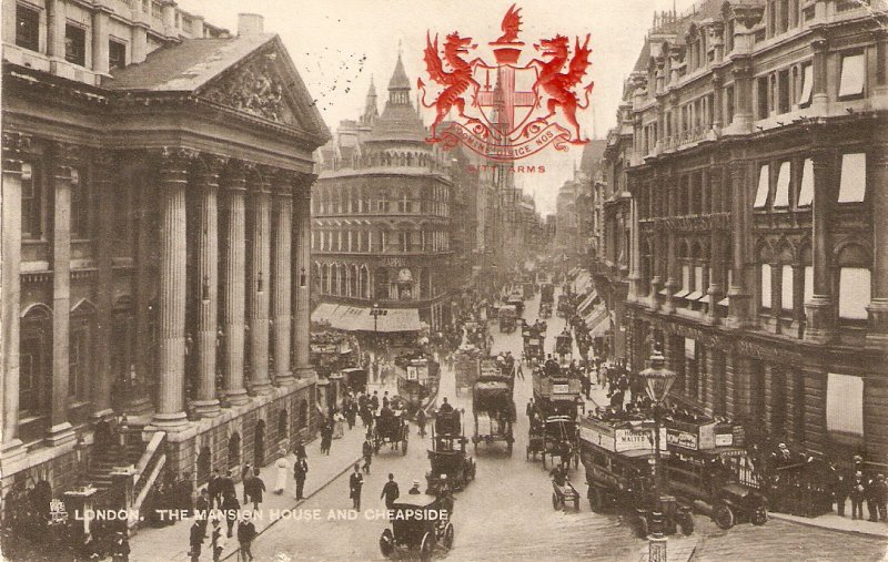 London.tThe Mansion House and Cheapside. Horse-cars  Tuck Heraldic View PC