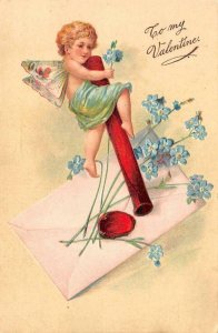 Greetings TO MY VALENTINE  Cherub~Wax Seal~Letter~Blue Flowers ca1910's Postcard