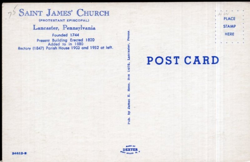 Pennsylvania LANCASTER Saint James' Church (Protestant Episcopal) - Chrome