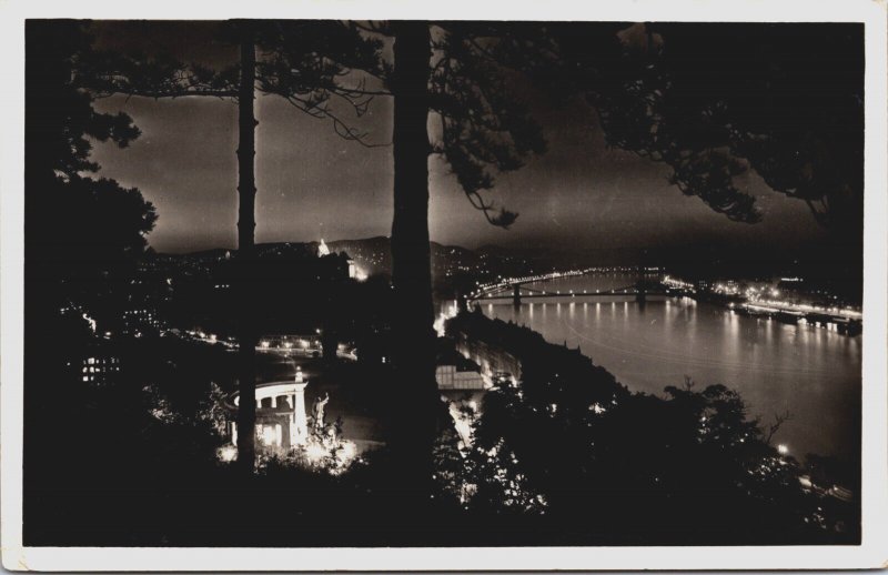 Hungary Budapest View of the Town at Night Vintage RPPC C203