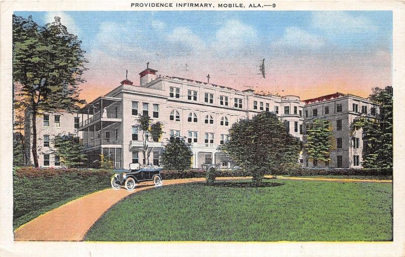 Mobile Alabama~Providence Infirmary~Vintage Car in Driveway~1947 Linen Postcard