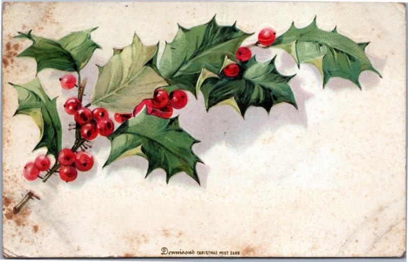 Donnison's Christ Post Card embossed  Holly posted 1908 Oberlin Ohio