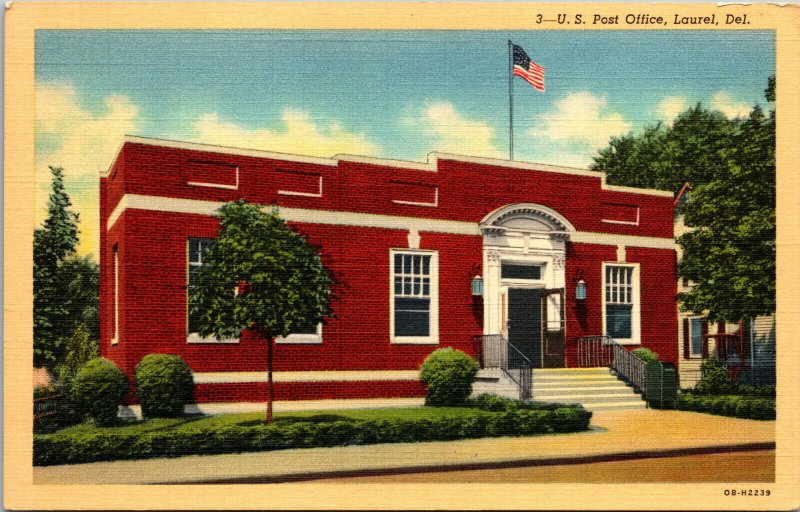 Vtg 1940s US Post Office Laurel Delaware DE Unused Linen Postcard