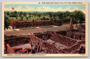Pueblo Colorado~Bird House & Animal Pits In City Park~1937 Linen Postcard