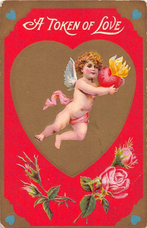 C26/ Valentine's Day Love Holiday Postcard c1910 Cupid Heart on Fire 14