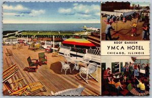 Vtg Chicago Illinois IL YMCA Hotel Roof Top Garden 1940s View Linen Postcard