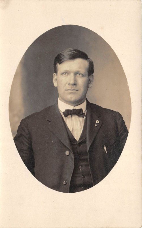1910s RPPC Real Photo Postcard Man In Suit and Bowtie