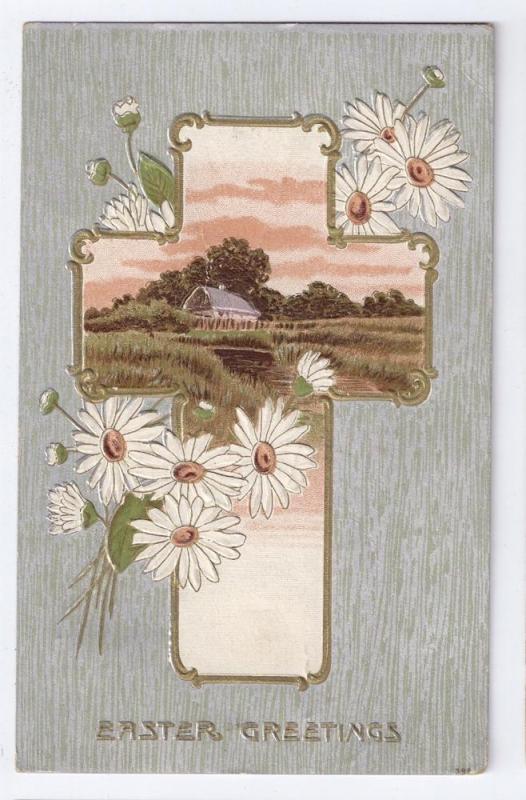 Embossed Silver Easter Postcard Cross Cottage Daisies 1917 