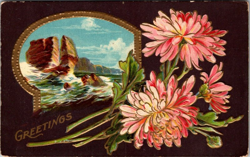 GREETINGS FLOWER - Portrait - EMBOSSED TOPICAL - Vintage - POSTCARD