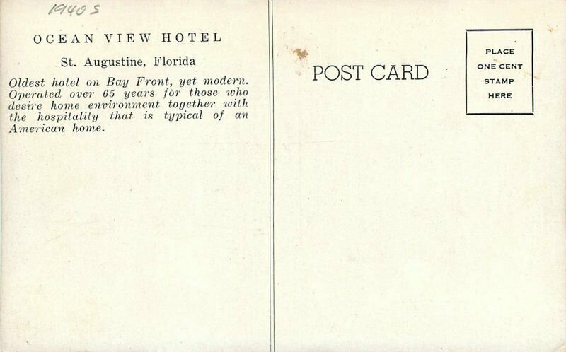 1940s Ocean View Hotel Waterfront St Augustine Florida Postcard 8674