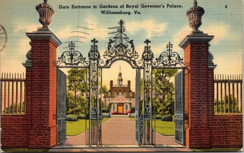 Entrance Royal Governors Palace Williamsburg Virginia Linen Cancel WOB Postcard