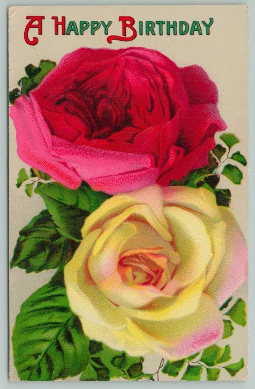 Flowers Greetings~Happy Birthday~Yellow and Red Rose~c1910 Postcard