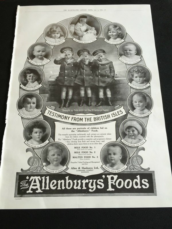 WW1 Era 1915 Newspaper Advert Page ALLENBURYS FOODS TESTIMONY FROM BRITISH ISLES