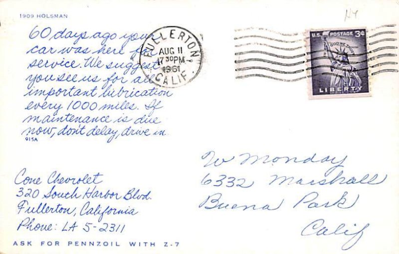 Fullerton California Postcard