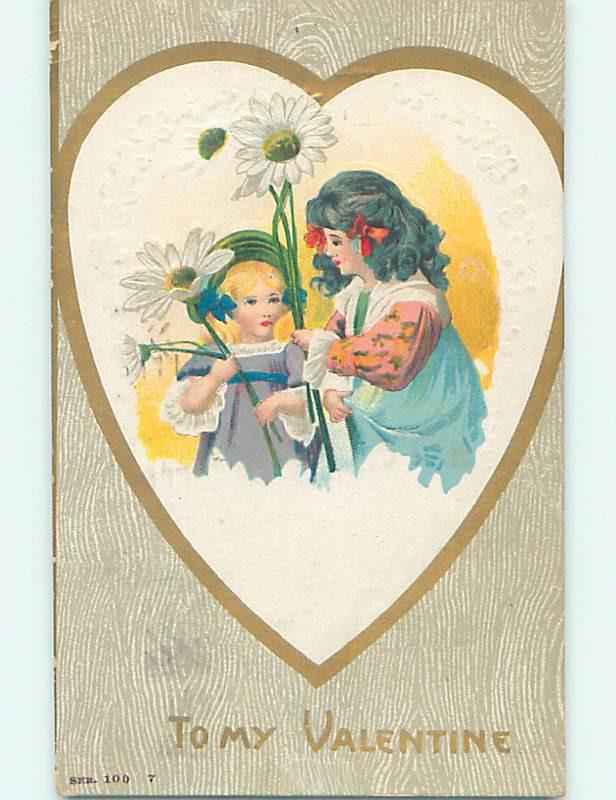 Pre-Linen valentine CUTE GIRL AND LITTLE SISTER HOLD LARGE DAISY FLOWERS HJ2553