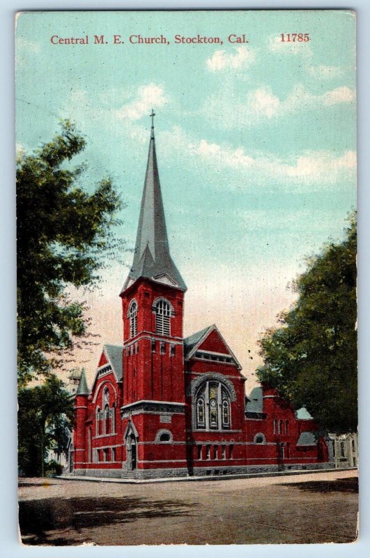 Stockton California CA Postcard Central Methodist Episcopal Church c1910s Trees