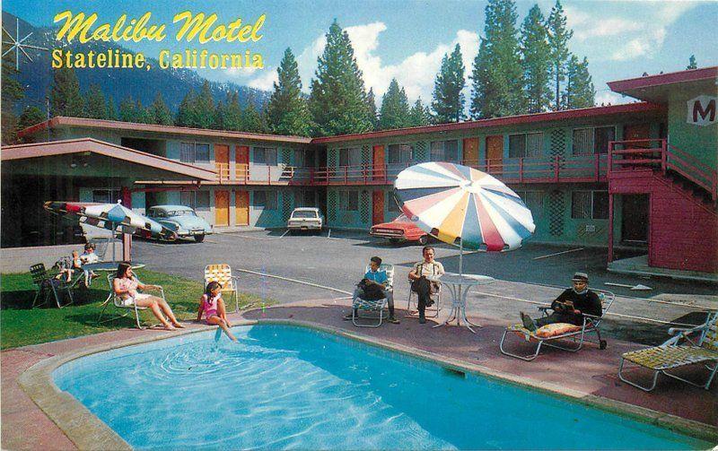 1960s Lake Tahoe California Malibu Hotel pool roadside Roberts postcard 7935